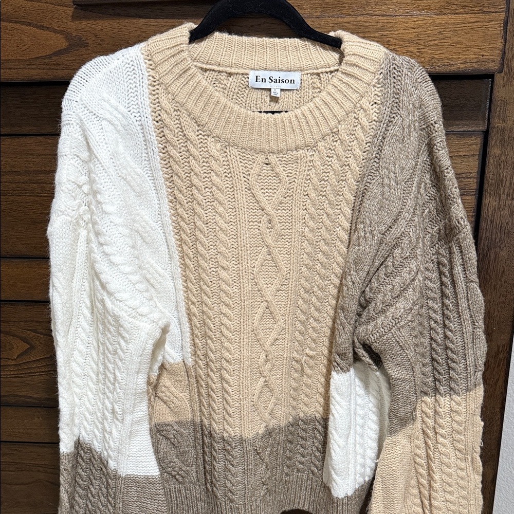 En Saison Women's Cable Knit Sweater - White, Cream, Tan, Brown